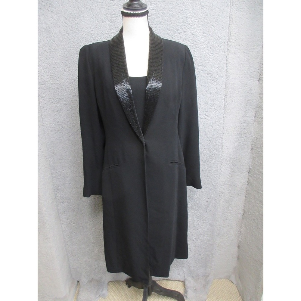 Vtg Dana Buchman Dress Set Women 8 Black Sequin Wool Duster Coat Formal Office